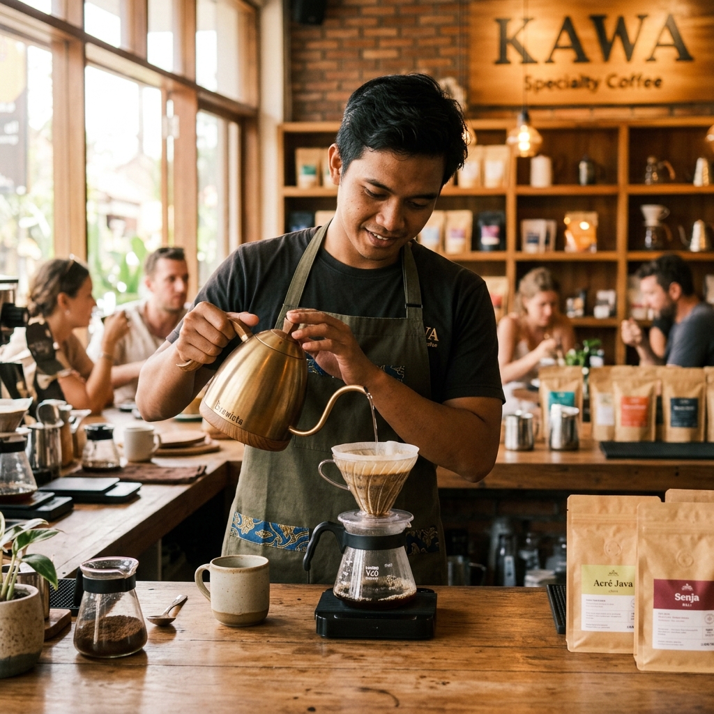 Barista pouring hot water over a pour-over dripper
