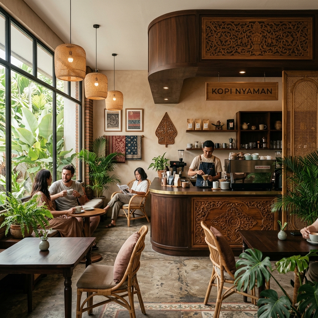 Intimate specialty coffee shop interior at golden hour