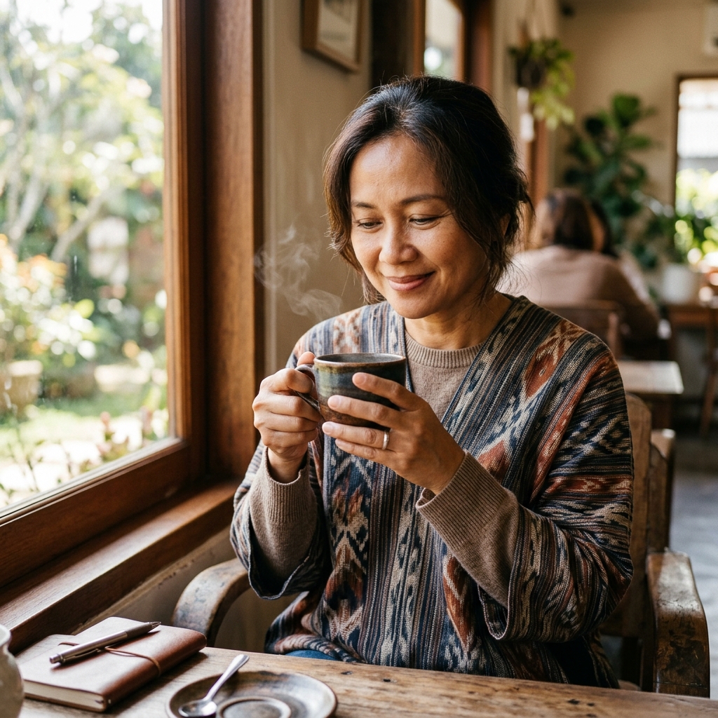 Person holding a warm ceramic coffee cup with both hands