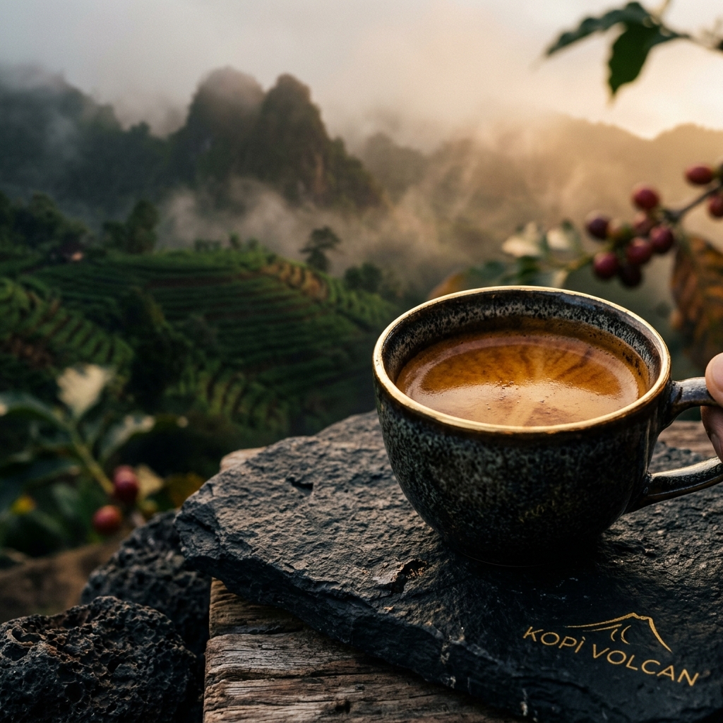 Warm espresso cup with rising steam on a dark surface