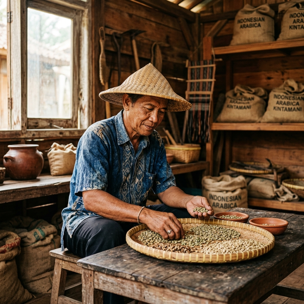 Artisan hands carefully sorting fresh green coffee beans